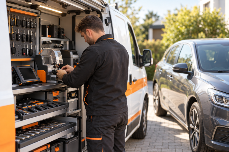 Monteur van een mobiele sleutelservice werkt bij een servicebus met sleutelapparatuur op een oprit overdag