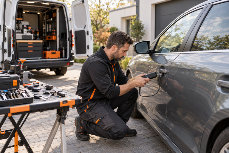 Monteur maakt met een mobiele servicebus op locatie een autosleutel bij naast een geparkeerde auto