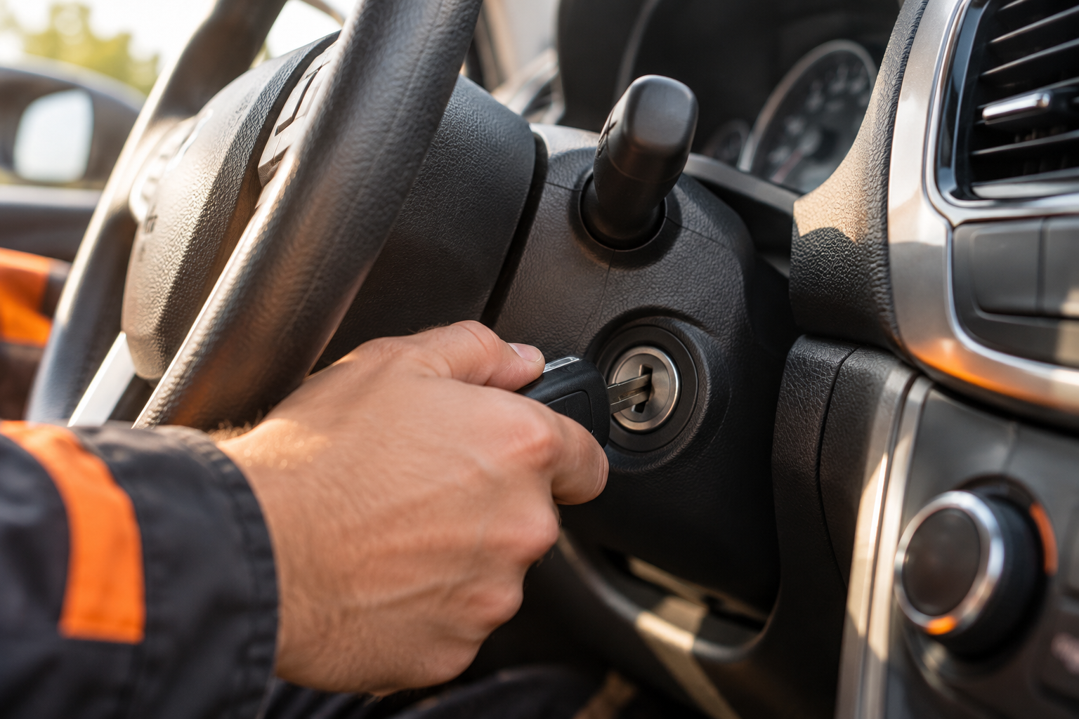 Close-up van een hand die een autosleutel in het contactslot steekt