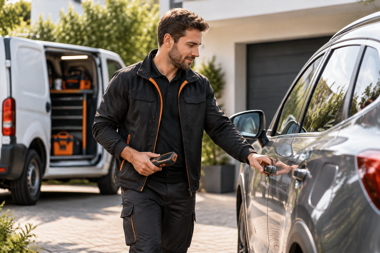 Monteur benadert een auto en opent het portier zonder gebruik van een sleutel